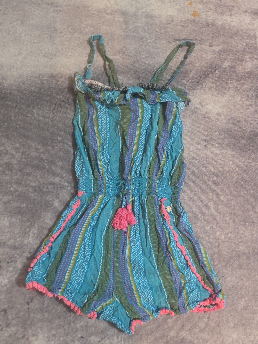 Girls' Turquoise & Green Striped Romper with Pink Tassel Accent